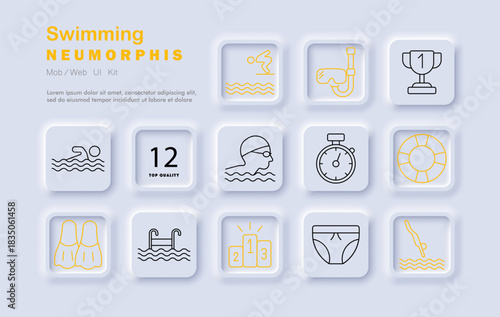 Swimming set icon. Swim, goggles, trophy, stopwatch, lifebuoy, fins, pool, podium, swimsuit, diving training and competition in water sport.