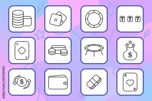 Casino and gambling set icon. Chips, dice, card, wallet, money, slot, bet, win, play, casino, luck, coin, jackpot, reward, finance, poker, exchange, fortune, entertainment, game