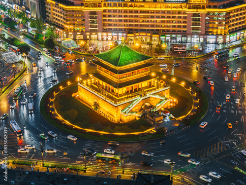 Aerial night view of Datang Everbright City in Xi’an, China with illuminated streets
