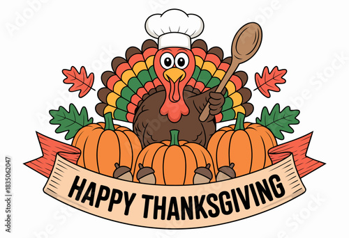 Happy Thanksgiving Turkey Chef with Pumpkins and Fall Leaves Design