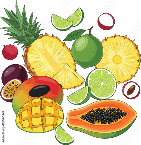 Assortment of vibrant tropical fruits including pineapple mango papaya passion fruit lime and lychee
