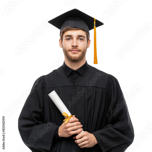  Young Man in Graduation Gown and Cap Holding Diploma Smiling at Camera on White Background
