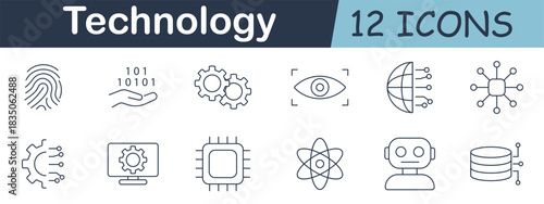 Technology set icon. Fingerprint, binary code, gears, eye scan, globe, network, chip, atom, robot, database, and hand gesture in modern tech-themed outlines.