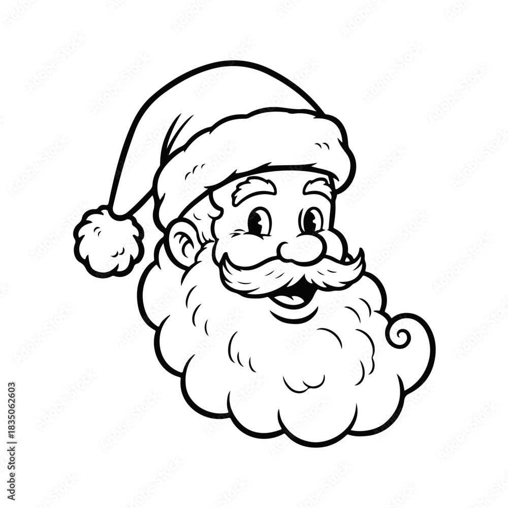 Fototapeta premium Santa Claus head in cartoon festive style with fluffy beard and classic hat, cheerful holiday character. Santa head, Santa face, Christmas icon, holiday character, festive art