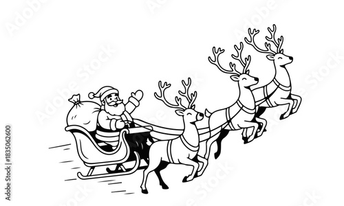 Santa Claus riding in a sleigh with a big gift bag, pulled by flying reindeer, festive Christmas vector scene. Santa sleigh, Santa reindeer, Christmas vector, holiday scene, festive illustration