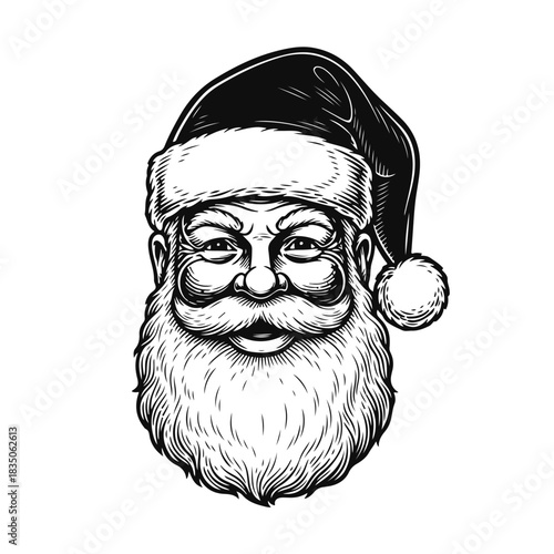 A festive Santa Claus head with a fluffy beard and classic hat, a cheerful holiday character. Santa head, Santa face, Christmas symbol, holiday character, holiday art