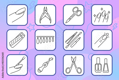 Manicure set icon. Nail polish, clipper, scissors, finger, tool kit, cuticle, shine, hand care, design, hygiene, buffer, file, beauty salon, gloss, gel, pedicure, trimming, cosmetics.