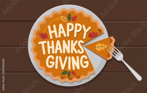 Thanksgiving Day Greeting with Pumpkin Pie and Fall Leaves on Wooden Background
