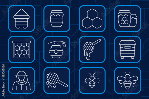 Beekeeping set icon. Beehive, jar of honey, honeycomb, beekeeper, bee, hive frame, dipper stick, production, agriculture, apiary, pollination process.