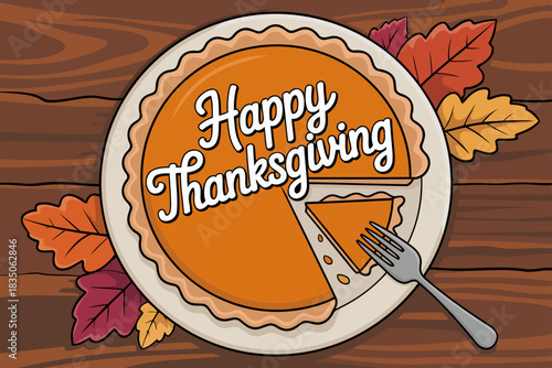 Happy Thanksgiving Pie Design with Autumn Leaves and Slice Ready to Serve