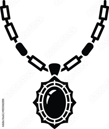 Black silhouette of a gemstone pendant necklace with a chunky chain on a white background jewelry jewel