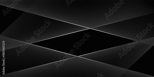 Modern black white abstract background. Minimal. Gradient. Dark grey banner with geometric shapes, lines, stripes, triangles. Design. Futuristic. Cut paper or metal effect.vector eps10