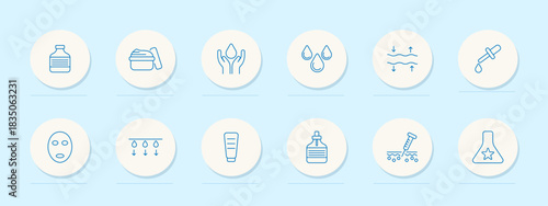 Facial care set icon. Bottle, hands, jar, essence, pipette, moisture, layer, cream, scrub, drop, lab. Skin, beauty, dermatology, treatment, glow, formula, hydration, spa, soft, routine.