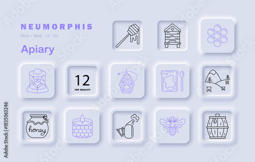 Apiary set icon. Shows beekeeper, hive, honey jar, bee, honeycomb, dipper, toast, mountain, barrel, wax, bee box, jar lid in soft neumorphic blocks