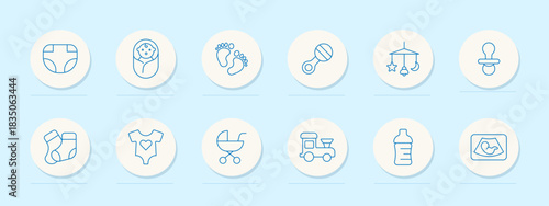 Baby set icon. Diaper, swaddle, footprints, rattle, mobile, pacifier, socks, onesie, stroller, toy train, bottle, ultrasound image, infant care essentials.