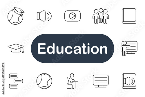 Education set icon. globe, graduation cap, book, teacher, classroom, group, chat, screen, audio, and video icons.