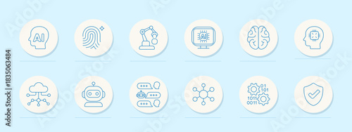 Artificial intelligence set icon. AI head, fingerprint, robotic arm, chip screen, brain, cloud connection, chatbot, message bubbles, node structure, gears, binary, shield with check.