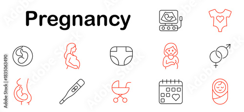 Pregnancy set icon. Belly, fetus, woman, test, diaper, stroller, calendar, bodysuit, ultrasound, newborn, mother, gender, baby, heart, embryo, date.