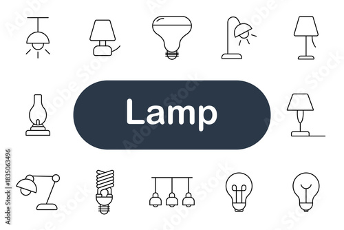 Lamp set icon. Light bulb, desk lamp, floor lamp, chandelier, oil lamp, nightstand, electricity, design, interior, brightness, idea, decor, modern, classic, reading, illumination, home, 