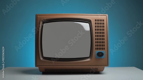 Retro vintage television with a blank grey screen, an antique electronic device evoking classic broadcasts and nostalgic home entertainment on a clean blue background