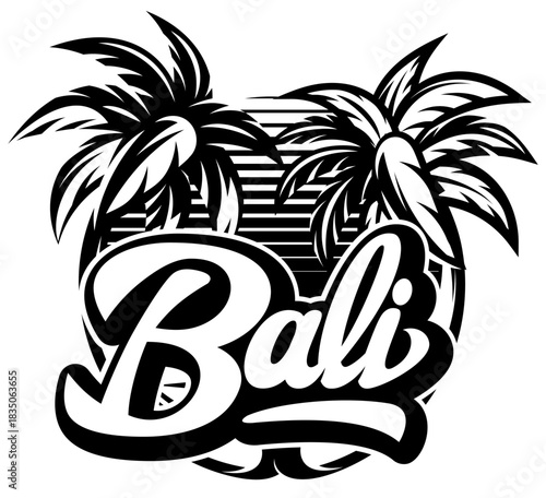 Retro vintage Bali island summer surf vacation travel emblem with palm trees and ocean waves.