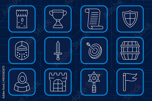 Medieval set icon. Castle, knight, sword, shield, scroll, flag, target, barrel, monk, trophy, fortress, ancient battle history.