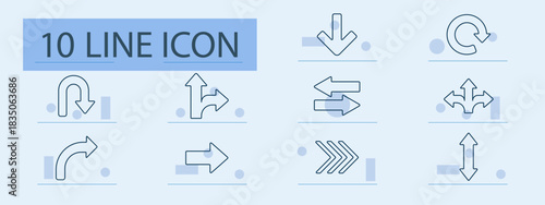 Arrow set icon. Line icons showing directional arrows including up, down, left, right, u-turn, curve, loop, expand, rotate, navigation indicators