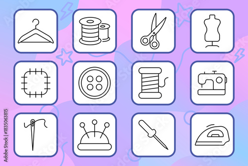 Sewing set icon. Thread, needle, scissors, hanger, sewing machine, button, mannequin, fabric, patch, pincushion, iron, awl, reel, tailor, craft, design, clothing, fashion, textile, creation