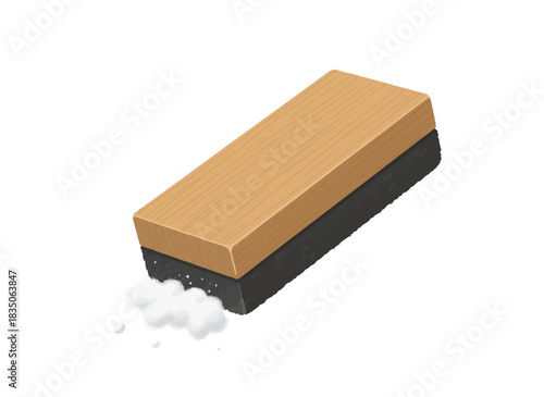 Classic wooden blackboard eraser with black felt bottom actively cleaning a surface, leaving behind traces of white chalk dust, symbolizing education and neatness