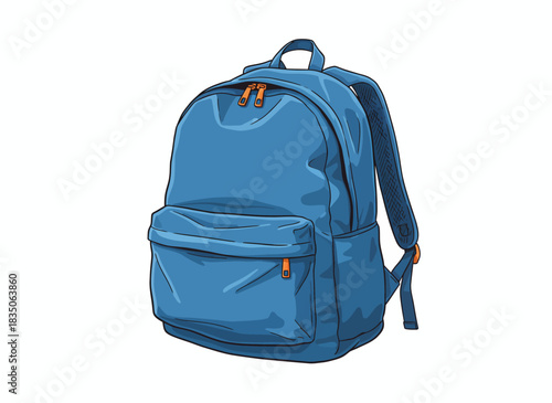 A detailed illustration of a classic blue backpack with orange zipper accents, perfect for school or travel