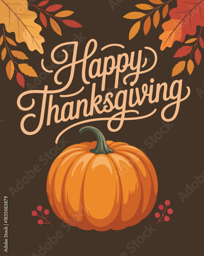 Happy Thanksgiving with Pumpkin and Autumn Leaves on Dark Background