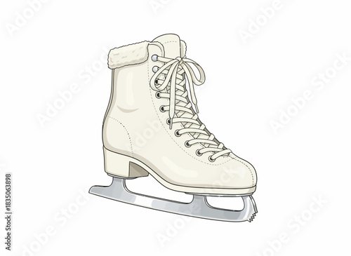 Graceful single white ice skate illustration, ideal for winter sport designs, showcasing classic footwear for recreational ice activities and figure skating, an emblem of cold weather fun
