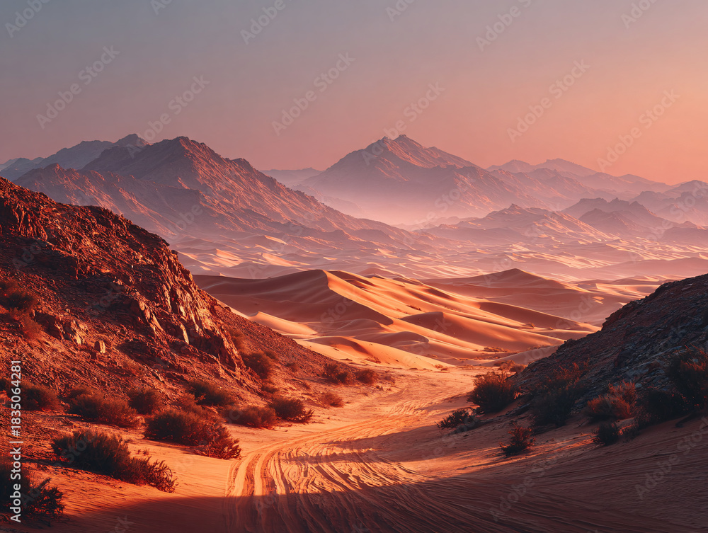 Naklejka premium a vast desert landscape under a sunset or sunrise sky, with warm orange and red hues illuminating the sand dunes and the rugged, rocky mountains in the background.