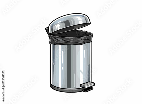 Illustration of a shiny stainless steel pedal trash can with an open lid and a black liner, isolated on a white background