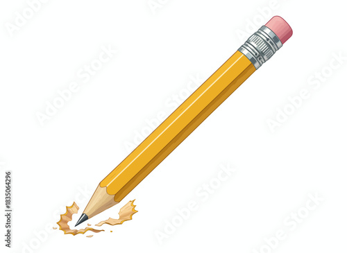 A yellow wooden pencil with a pink eraser, sharpening shavings, and a pointed lead, symbolizing education and creativity