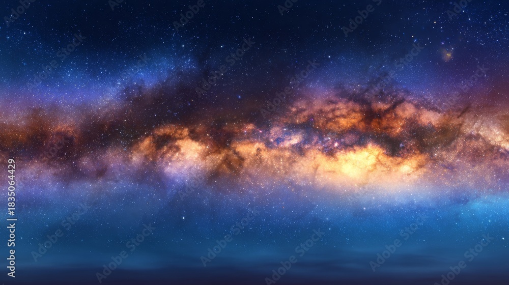 Fototapeta premium Stunning panoramic view of the colorful milky way galaxy shining brightly in the deep dark night sky.