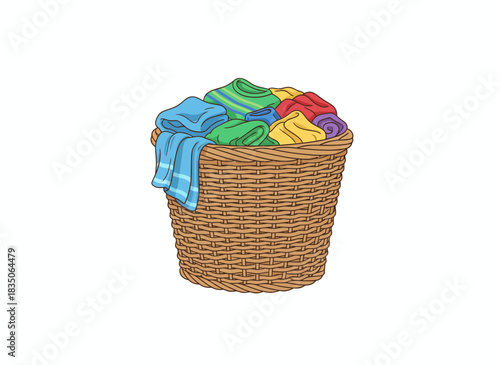 Vibrant digital illustration showcasing a wicker laundry basket filled with various colorful, freshly washed clothes, symbolizing daily household chores and domestic tidiness