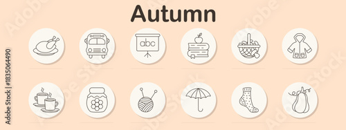 Autumn set icon. Roast chicken, school bus, blackboard, books, apple, basket, coat, tea, honey, jar, yarn, umbrella, socks, pear.