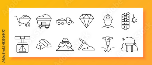 Mining set icon. Wheelbarrow, dump truck, worker, diamond, gold, drill, dynamite, pickaxe, cave, mineral, mountain, metal, tool, construction, excavation, geology, danger, tunnel, industry, resource.
