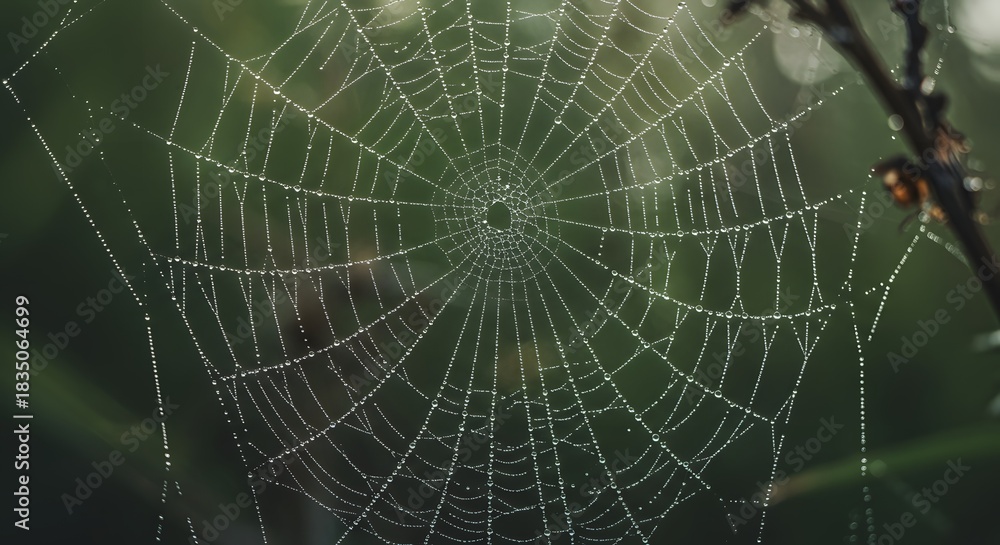 Obraz premium The intricate pattern of a spiderweb covered in dew.
