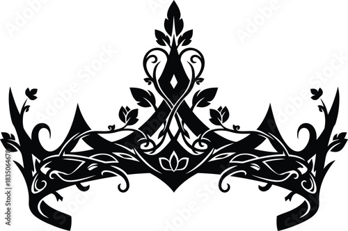 Intricate Black Silhouette Of A Regal Crown Adorned With Leaves And Swirling Vines Keywords: crown, royalty, regal, monarch, queen, king, princess, prince, tiara, diadem