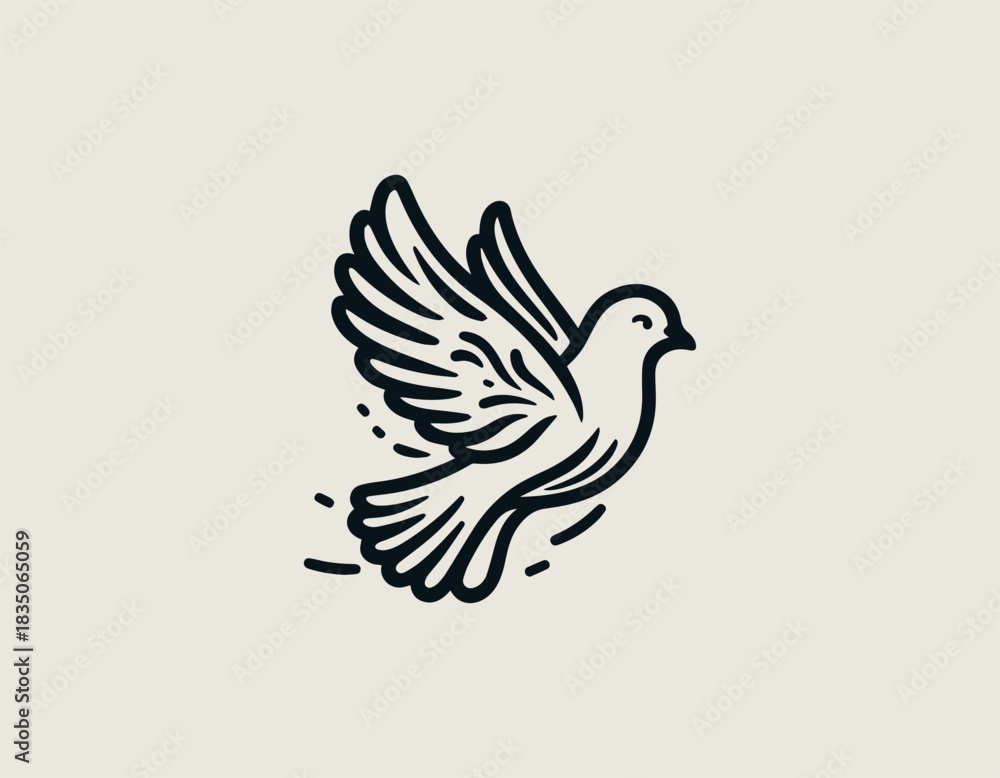 Fototapeta premium White dove line art forms peaceful flying symbol in clean black vector illustration
