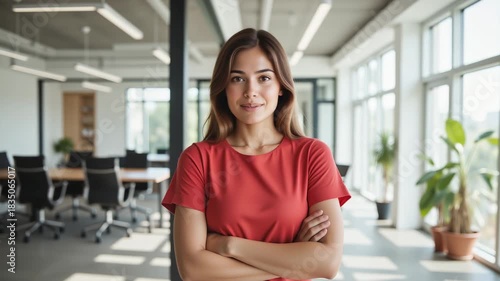 Confident Business Professional – Smiling Woman in Red Shirt for Corporate Branding and Leadership Presentations