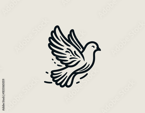 White dove line art forms peaceful flying symbol in clean black vector illustration