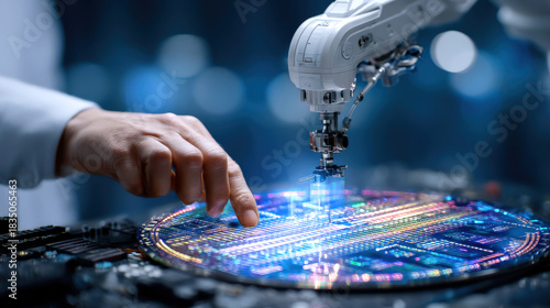 Robotic arm collaborates with human hand to manipulate colorful, illuminated circuit board in high tech environment, showcasing fusion of technology and innovation