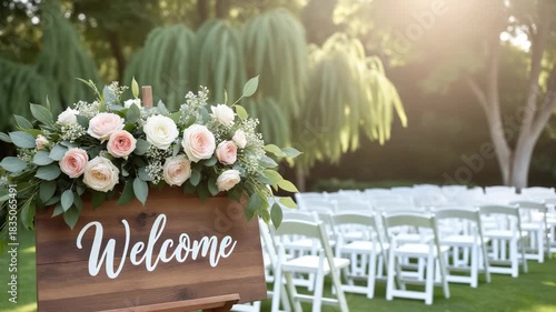 Wedding Ceremony Decor – Rustic Welcome Sign with Blush Roses for Outdoor Garden Wedding Presentations