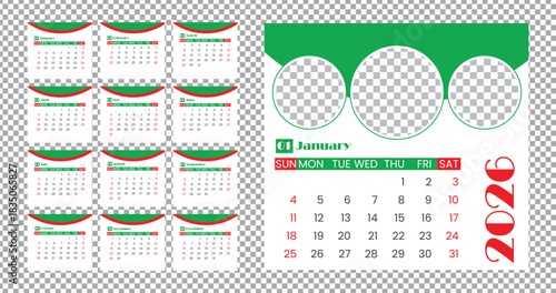 2026 calendar design with monthly layouts and photo frame placeholders