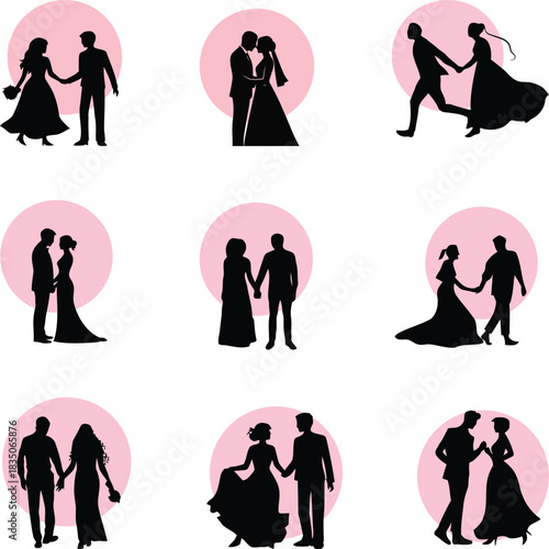 Collection of wedding silhouettes, romantic couples holding hands in various poses representing