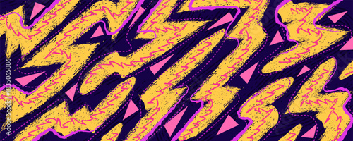 Pop Art Grunge Pattern with Yellow Brush Strokes and Pink Scribble Lines. Hand Drawn Memphis Background for Posters or Banners