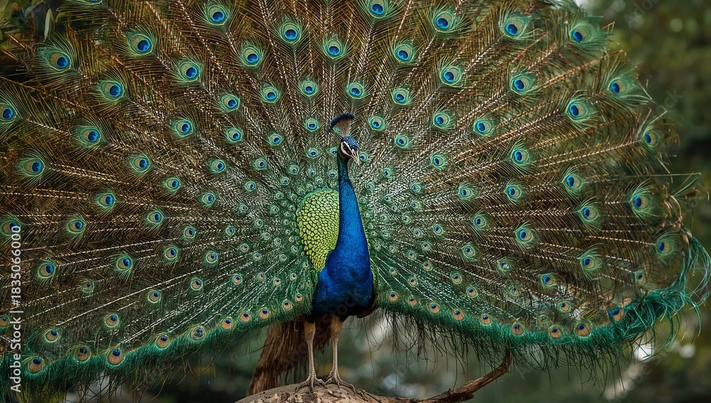 Obraz premium A vibrant peacock perched on a tree branch with its tail feathers displayed